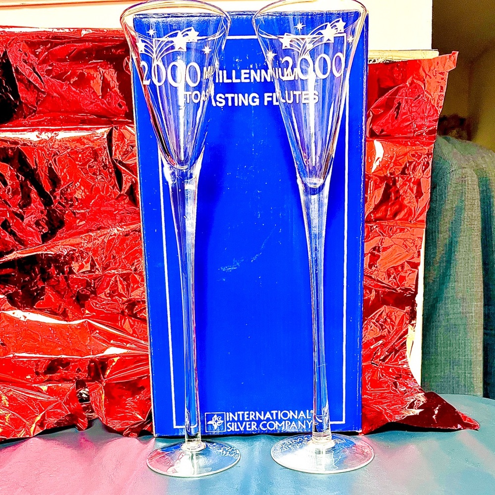 Vintage Y2K Champagne Flutes 12” tall etched 2000